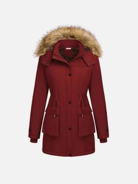 🆕Beyove~Women's Burgundy Parka with Faux Fur Hood